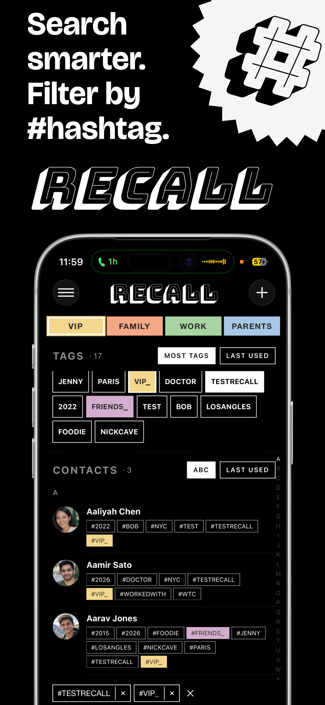 Recall Contacts — Search smarter, filter by hashtag